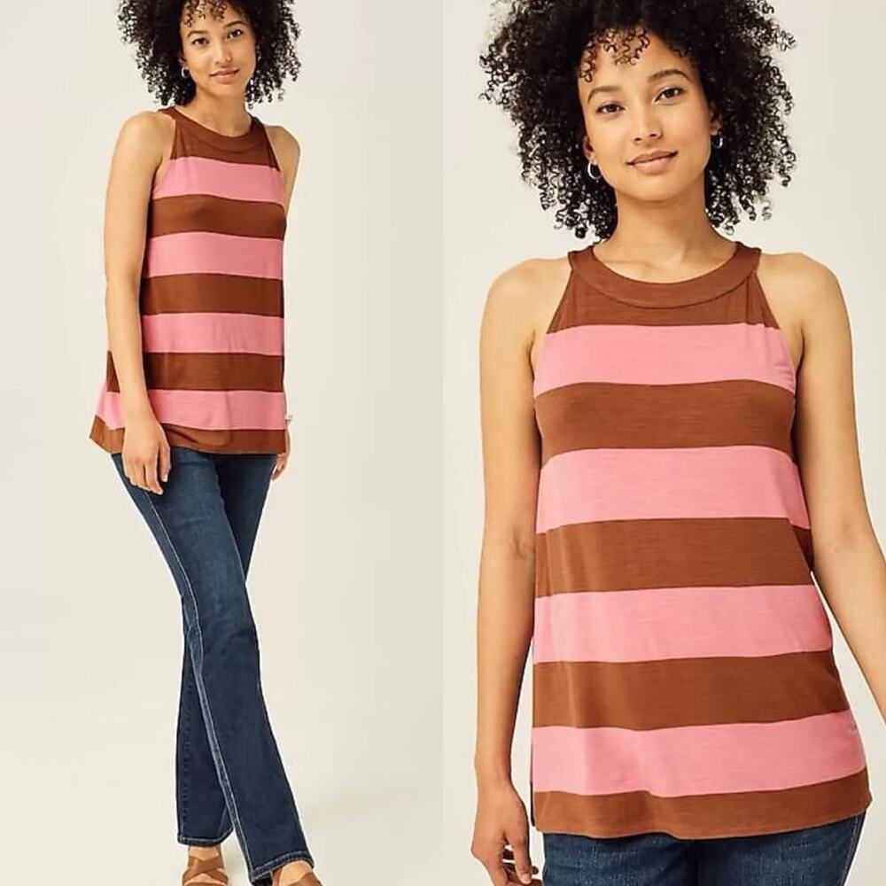 J. Jill Striped A-Line Halter Tank Top Size 2X Pink and Brown‎